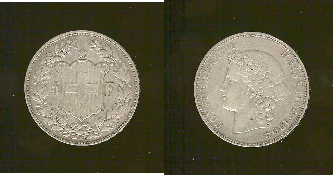 SUISSE 5 Francs Helvetia buste 1904 Berne TTB